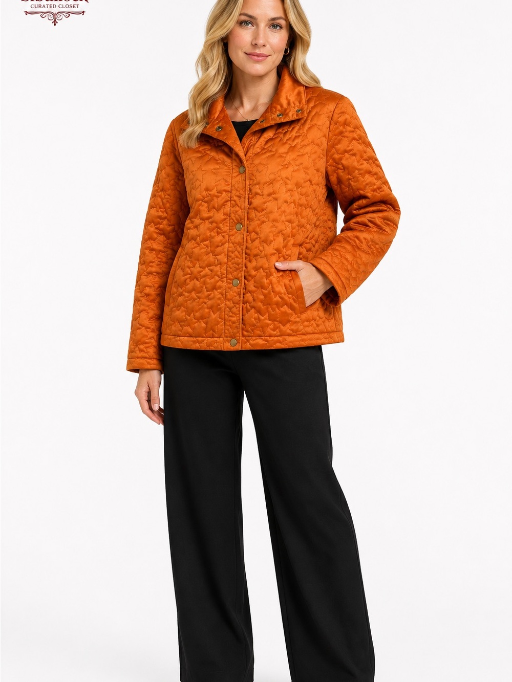 H5 Hem & Thread Size Small Rust Orange Quilted Star Jacket Snap Front